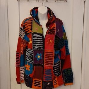 Saskar's Nepal Colorful Boho Hippie Zip-Up Hoodie Patchwork Emproidered Jacket M